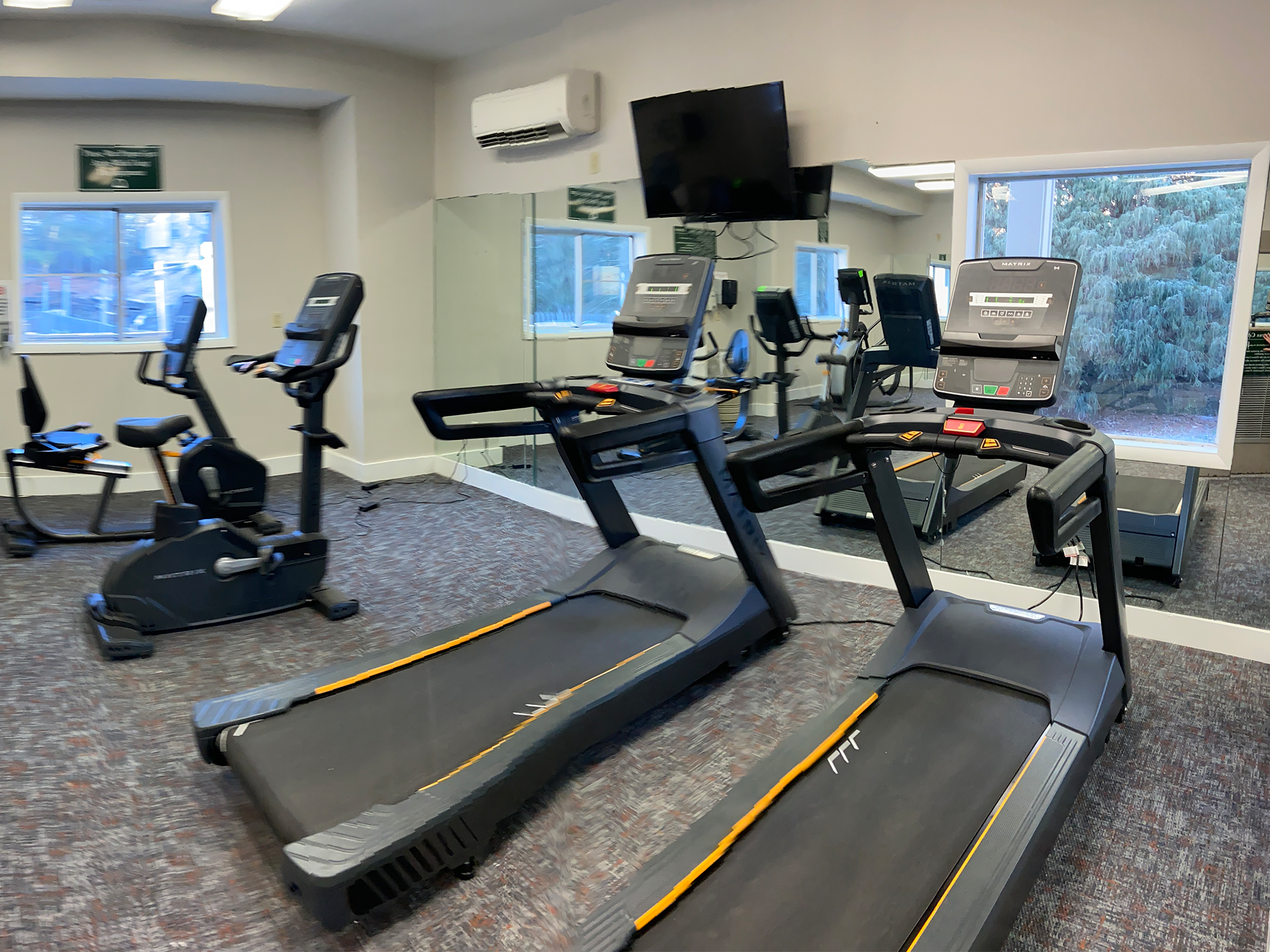 Gym interior with treadmills, stationary bikes, and exercise equipment.