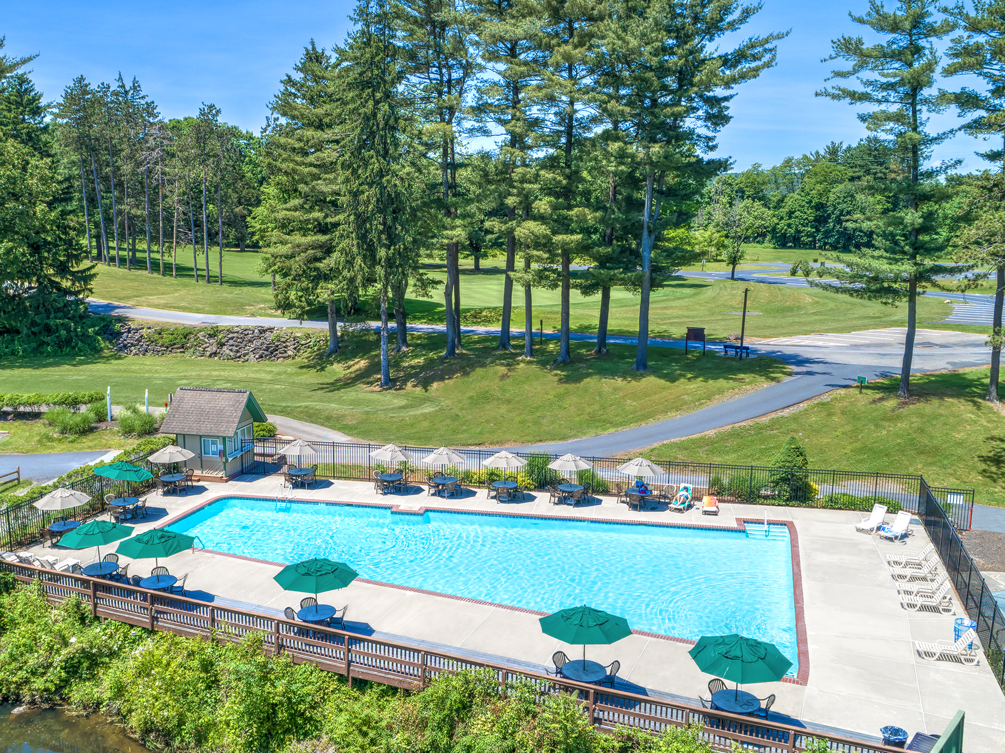 Outdoor pool area with green umbrellas, lounge chairs, and trees in the background.